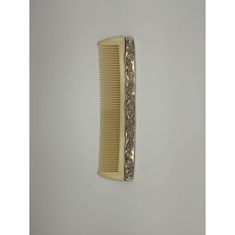 Vintage Silver Plate Ornate Floral Plastic Tooth 7.25" Hair Comb